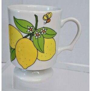 Vintage 6 Oz Footed Mug Lemons Bee Flower Buds Tea Coffee Cup